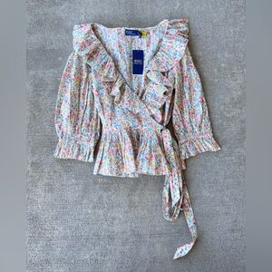 Polo Ralph Lauren Ruffled Floral Cotton Wrap Top floral motif blouse NWT